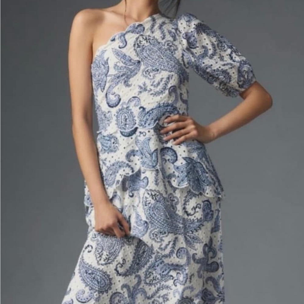FARM Rio Blue and White Asymmetrical One Shoulder Cocktail Dress